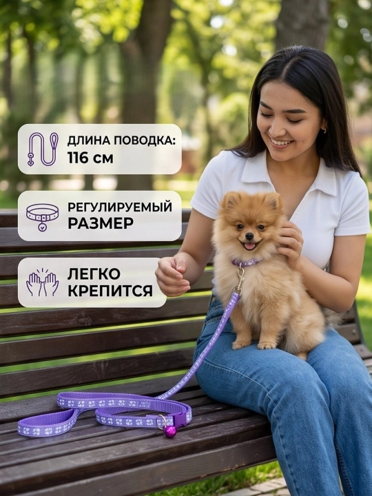 Комплект ошейник с поводком и бубенчиком BOBRIKGORA для мелких собак и кошек - 