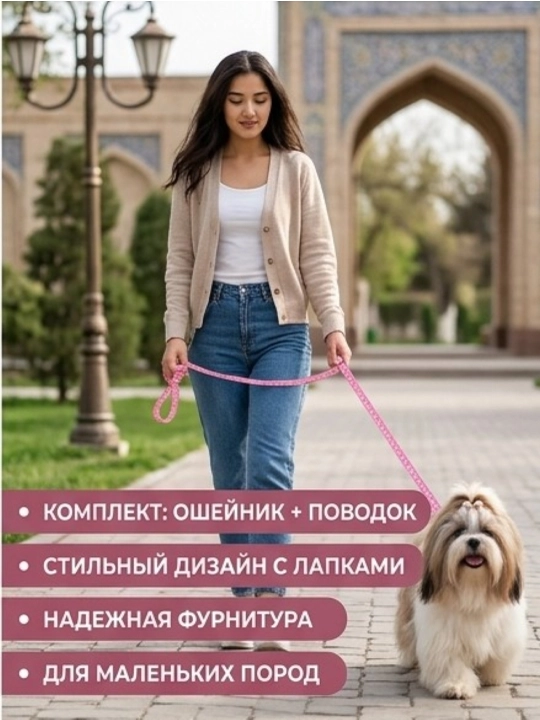 Комплект ошейник с поводком и бубенчиком BOBRIKGORA для мелких собак и кошек