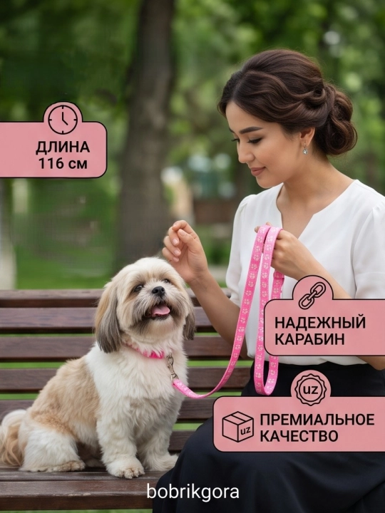 Комплект ошейник с поводком и бубенчиком BOBRIKGORA для мелких собак и кошек - 