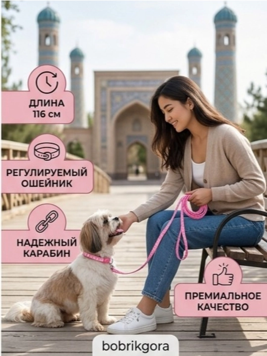 Комплект ошейник с поводком и бубенчиком BOBRIKGORA для мелких собак и кошек