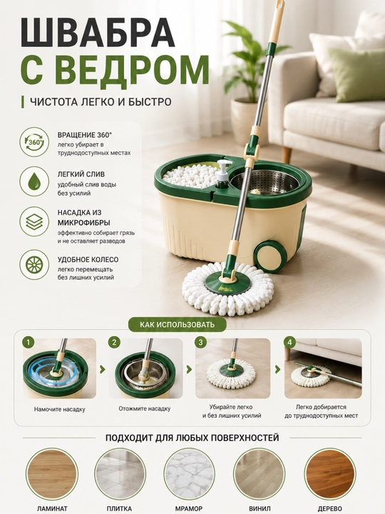 Швабра с ведром, с отжимом, системой полоскания, насадки из микрофибры