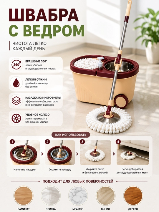 Швабра с ведром, с отжимом, системой полоскания, насадки из микрофибры