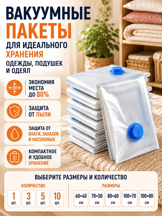 Kiyimlar uchun vakuum paketlar, 60×40, 70×50, 80×60, 100×70, 100×80 sm