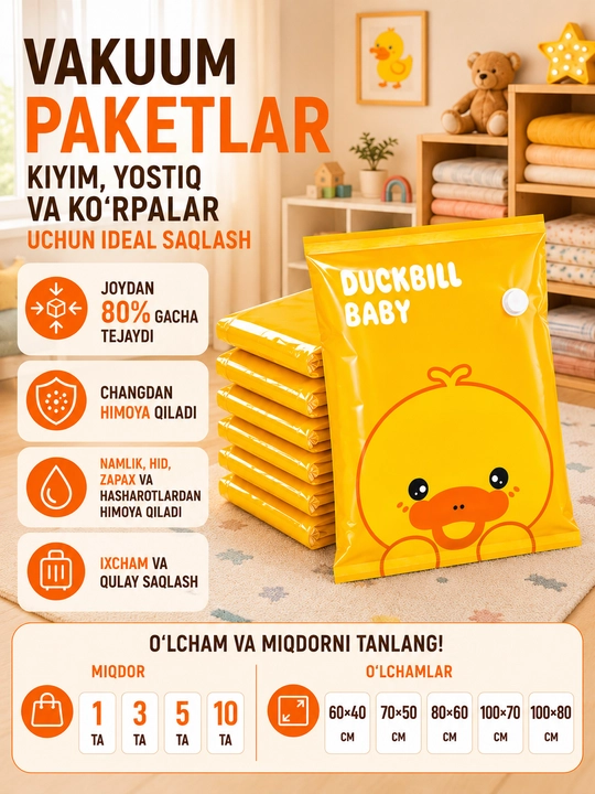 Kiyimlar uchun vakuum paketlar, 60×40, 70×50, 80×60, 100×70, 100×80 sm - 