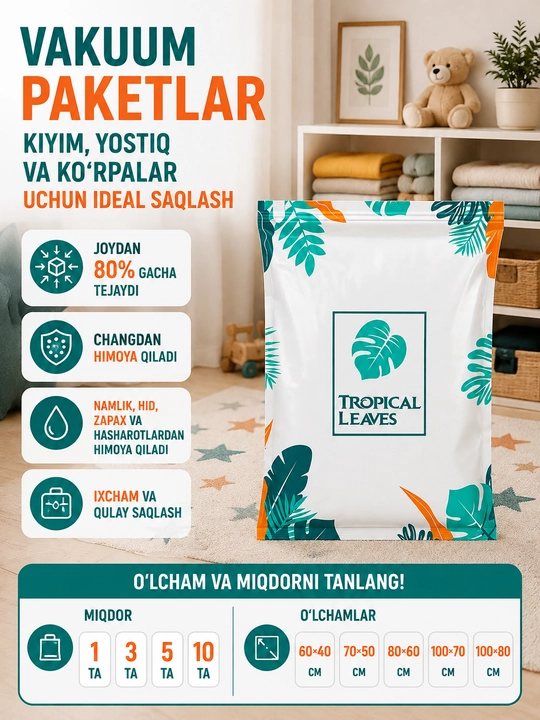 Kiyimlar uchun vakuum paketlar, 60×40, 70×50, 80×60, 100×70, 100×80 sm - 