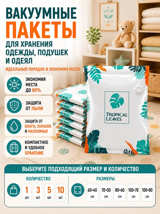 Kiyimlar uchun vakuum paketlar, 60×40, 70×50, 80×60, 100×70, 100×80 sm