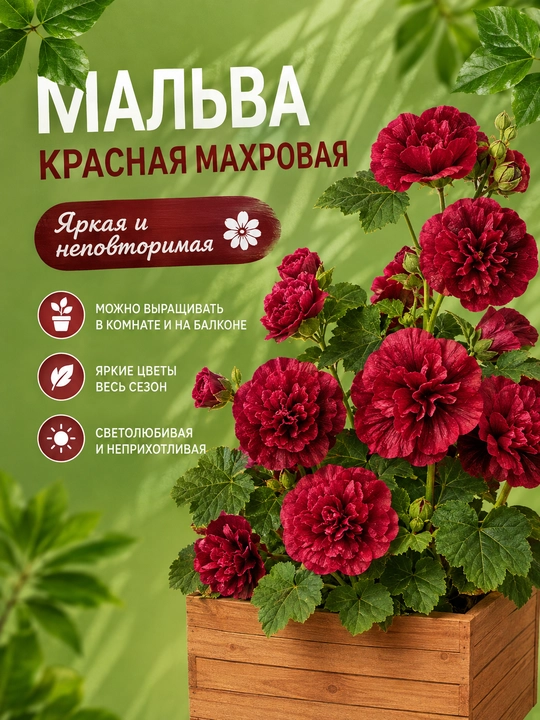 Цветок Шток роза Махровая Мальва aлая, 10 штук - 