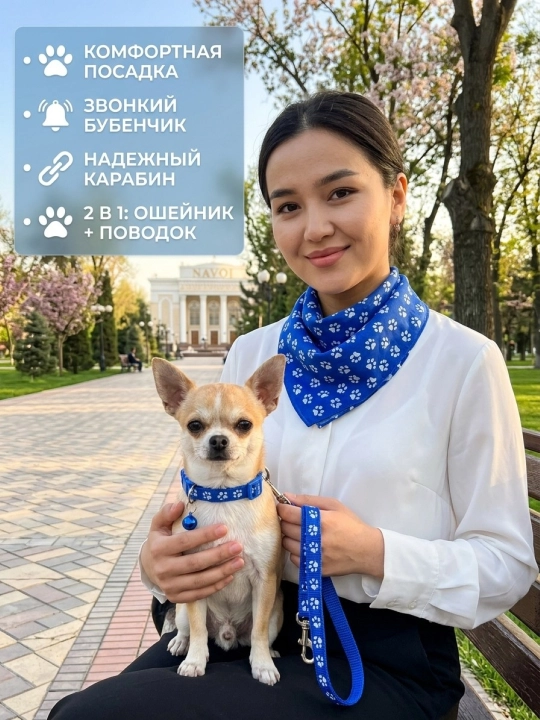 Комплект ошейник с поводком и бубенчиком BOBRIKGORA для мелких собак и кошек