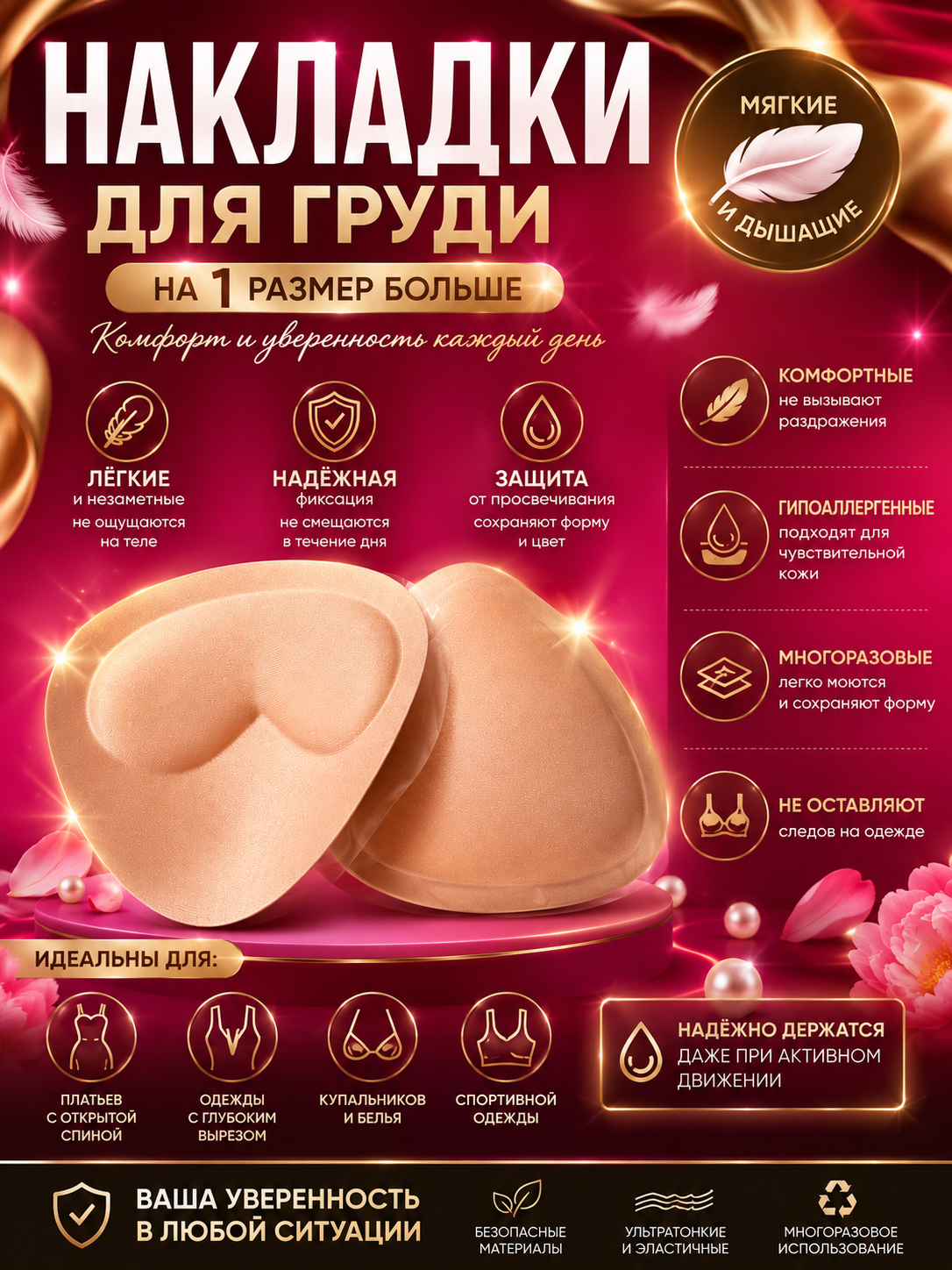 Вкладыши для объёма груди поролоновые, пышная форма груди - 