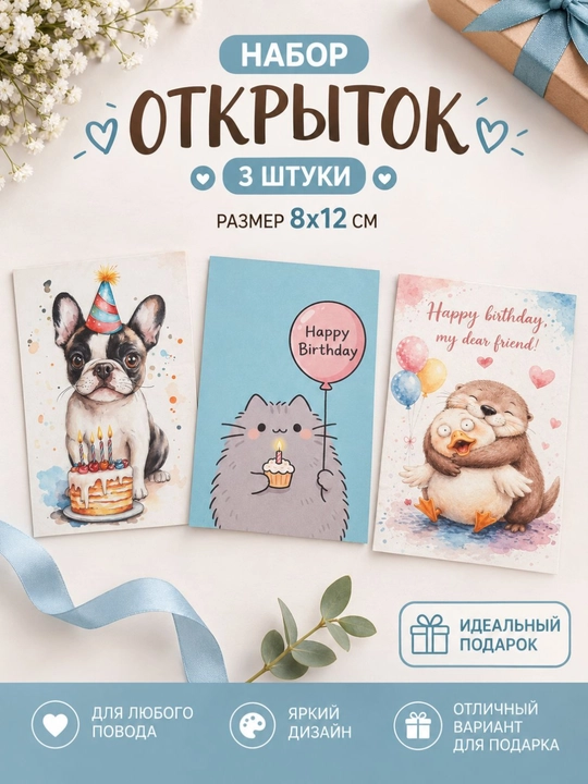 Набор открыток 3 штуки, открытки для подарка - 