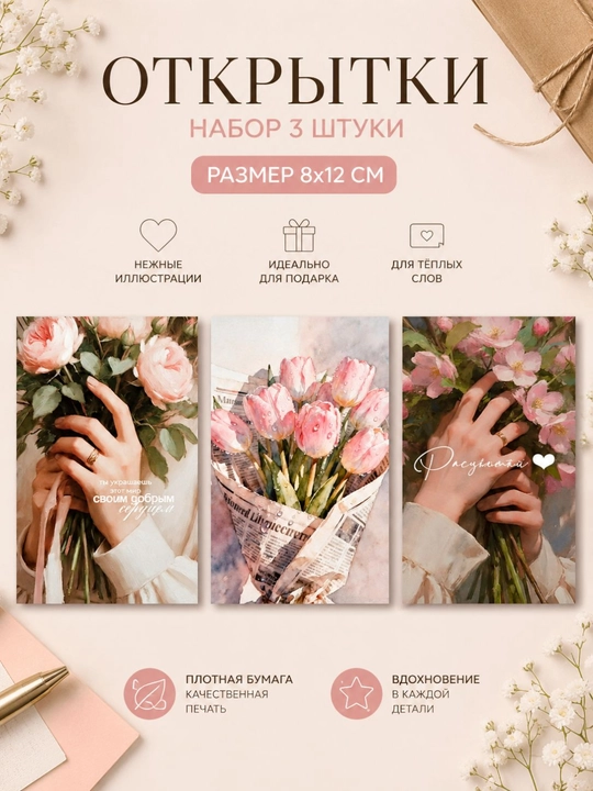 Набор открыток 3 штуки, открытки для подарка - 