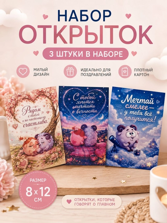 Набор открыток 3 штуки, открытки для подарка - 