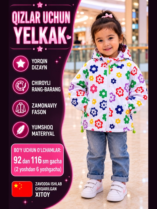 Qizlar uchun yengil kapyushonli yelpig‘ich, bahor, kuz - 