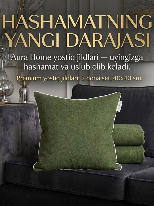 Aura Home dekorativ yostiq jildlari 40×40 sm, 2 dona, yashil rangda