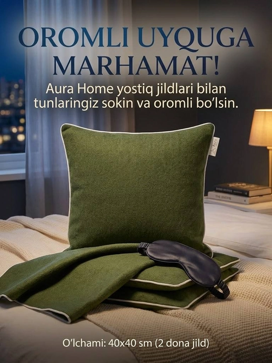 Aura Home dekorativ yostiq jildlari 40×40 sm, 2 dona, yashil rangda