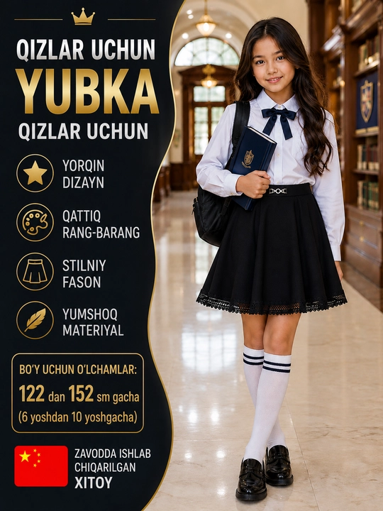 Qizlar uchun qora maktab yubkasi, to‘r (krujeva) bezakli - 