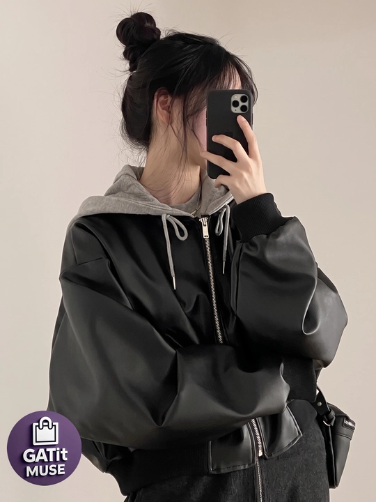 Ayollar uchun Y2K eko charm kurtka, oversize, kapyushonli va kapyushonsiz