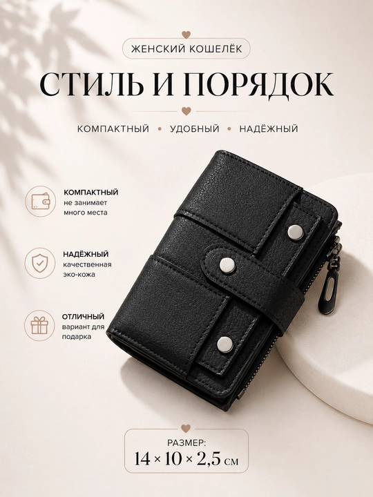 Женский кошелек, на молнии и кнопке - 