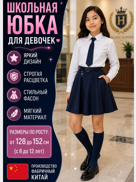 Qizlar uchun maktab yubkasi, belbog‘li, kengayib tushadigan klassik model - 