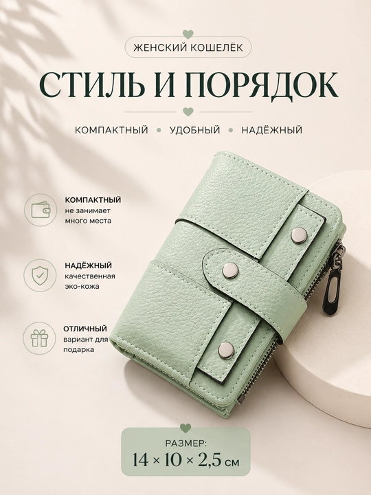 Женский кошелек, на молнии и кнопке - 