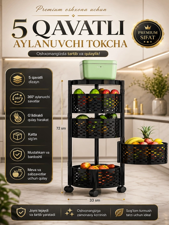 Meva va sabzavotlar uchun ko‘p qavatli ko‘chma aravacha, 79,5 x 30 sm
