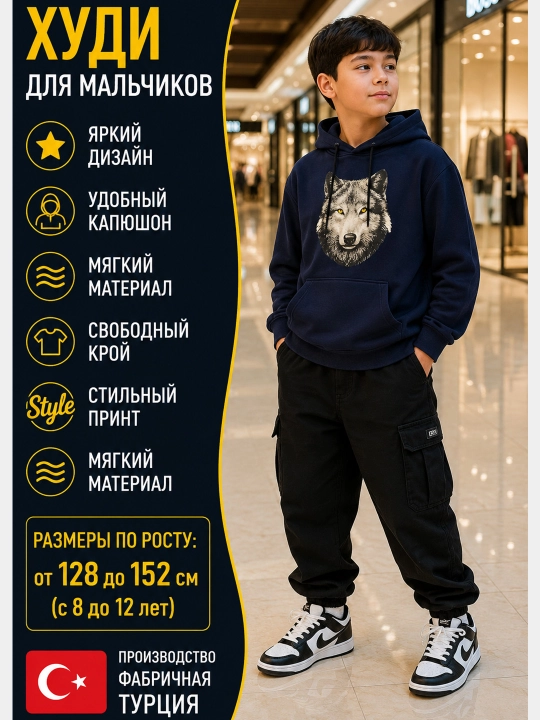Детское худи с начёсом, хлопок с капюшоном и принтом - 