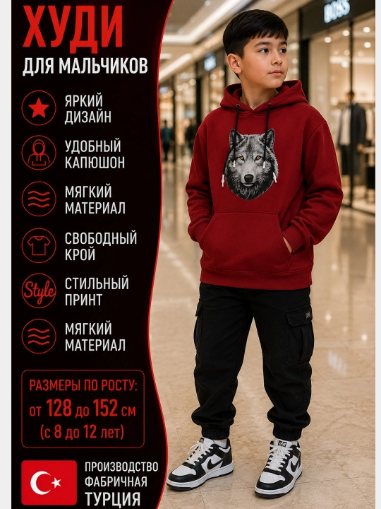 Детское худи с начёсом, хлопок с капюшоном и принтом