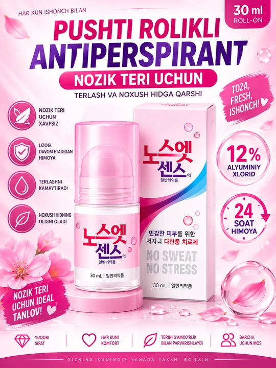 No Sweat No Stress rolikli antiperspirant 30 ml, terlash va hidga qarshi, 12% yoki 20%