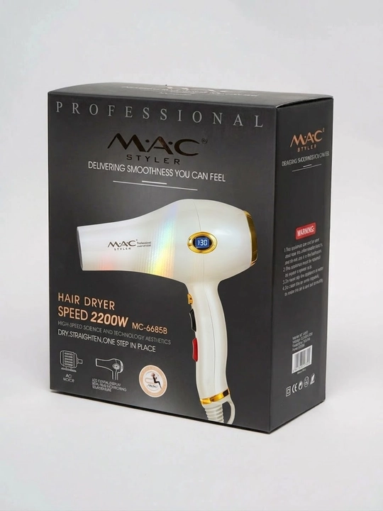 MAC styler MC-6682 professional soch quritgichi, ionizatsiya bilan quritish va pardozlash uchun mo‘ljallangan, 2200W