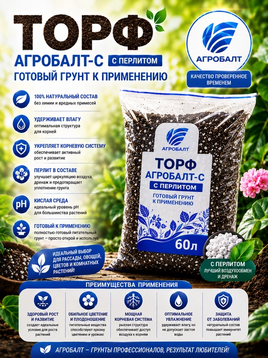 Верхавой Торф АГРОБАЛТ-С с Перлитом, Готов к применению - 
