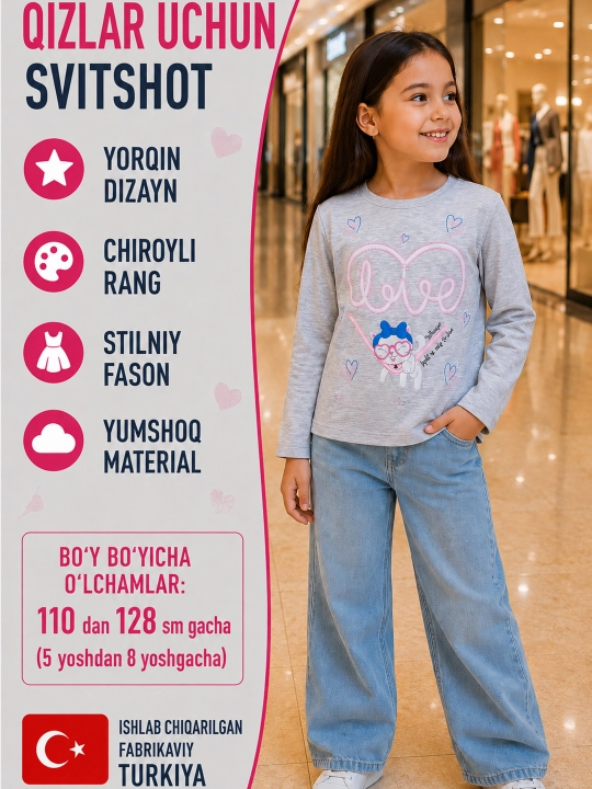 Qizlar uchun Love printli paxtali svitshot, uzun yengli bolalar longslivi - 