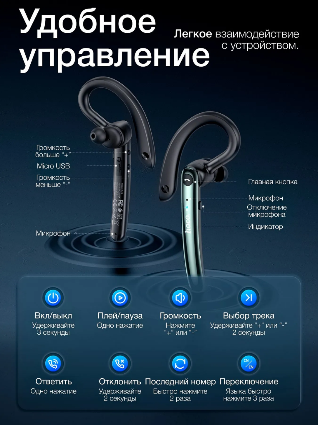 Bluetooth garnitura Hoco S19 mono quloqchin ENC 9 soat quloq ilgakli haydovchi uchun