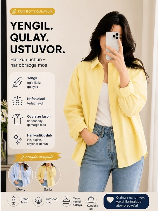 Ayollar uchun assimetrik ko'ylak-bluzka, oversize fason, uzun yeng, qizlar uchun rubashka - 