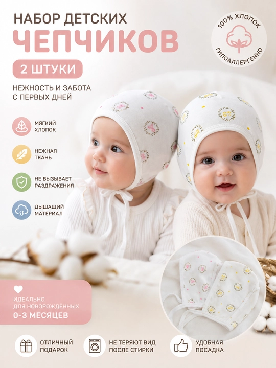 Набор чепчиков для новорождённых, 2 шт., 0–3 месяца, 100% хлопок, мягкие и удобные - 