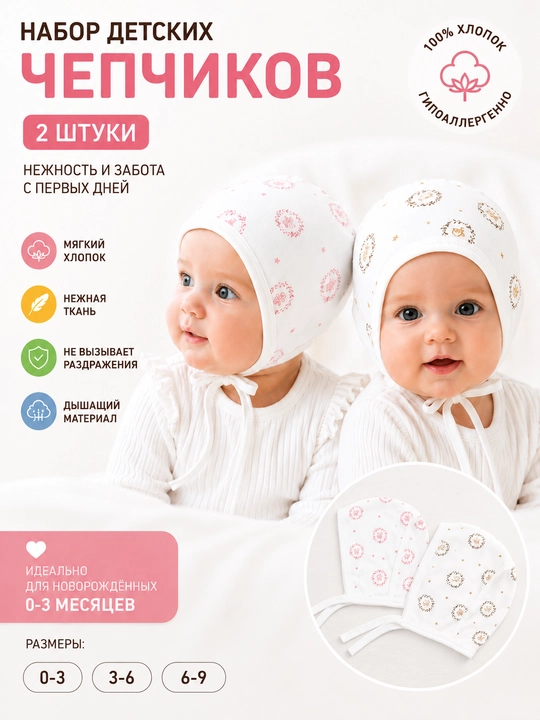 Набор чепчиков для новорождённых, 2 шт., 0–3 месяца, 100% хлопок, мягкие и удобные - 