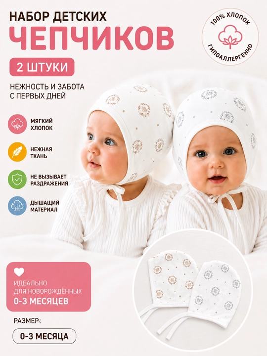 Набор чепчиков для новорождённых, 2 шт., 0–3 месяца, 100% хлопок, мягкие и удобные - 