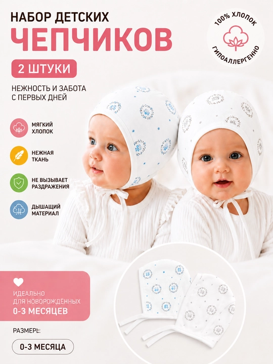 Набор чепчиков для новорождённых, 2 шт., 0–3 месяца, 100% хлопок, мягкие и удобные - 