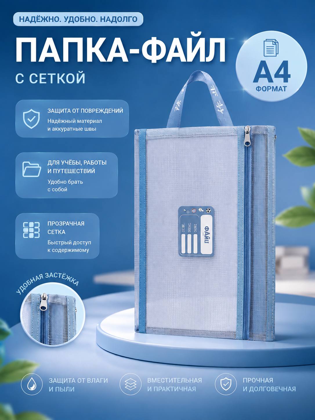 Папка-файл A4 для документов, сетчатая, на молнии - 