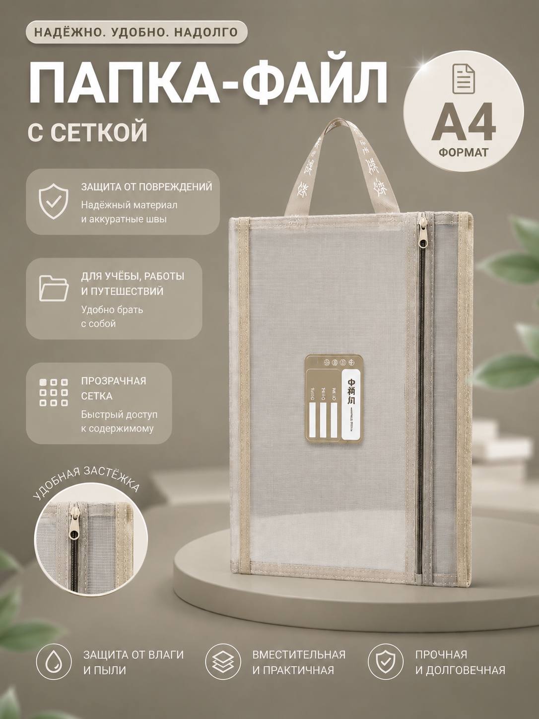 Папка-файл A4 для документов, сетчатая, на молнии - 