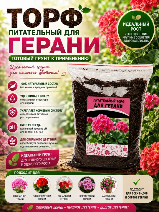 Авторский Торф для Герани, Готовый Грунт Идеальный Состав - 