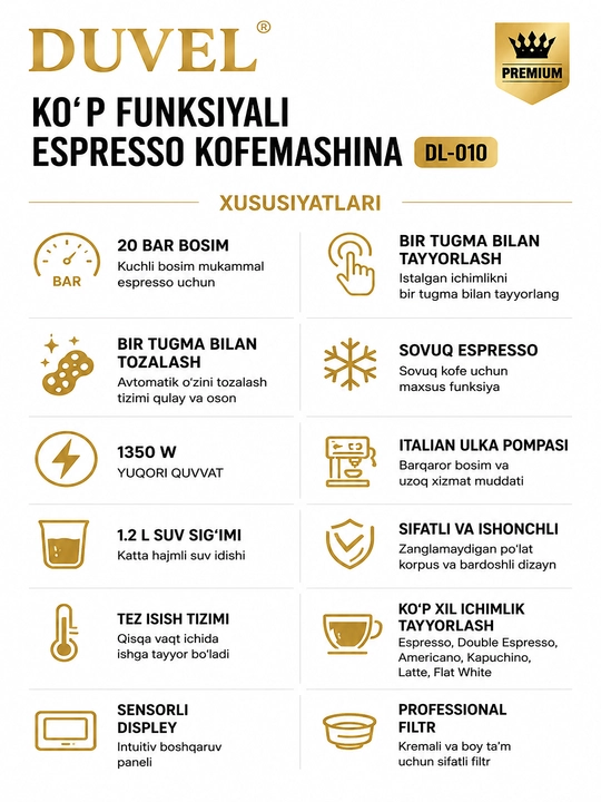 DUVEL DL-010 1350 Vt 20 Bar ko‘p funksiyali espresso qahva mashinasi