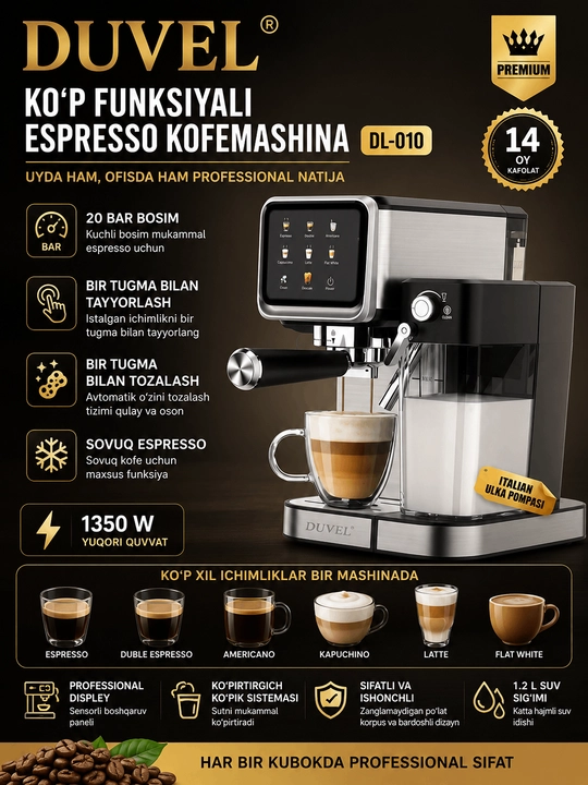 DUVEL DL-010 1350 Vt 20 Bar ko‘p funksiyali espresso qahva mashinasi - 