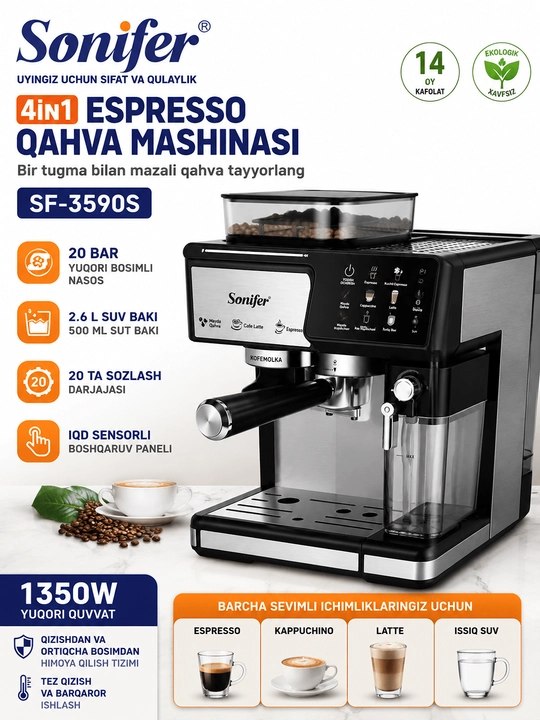 Sonifer SF-3590S 4 ta 1 da Espresso qahva mashinasi 1350 Vt 20 Bar 2 6 l Sensorli boshqaruv - 