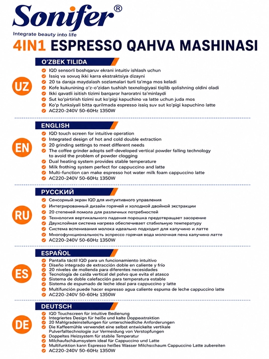 Sonifer SF-3590S 4 ta 1 da Espresso qahva mashinasi 1350 Vt 20 Bar 2 6 l Sensorli boshqaruv
