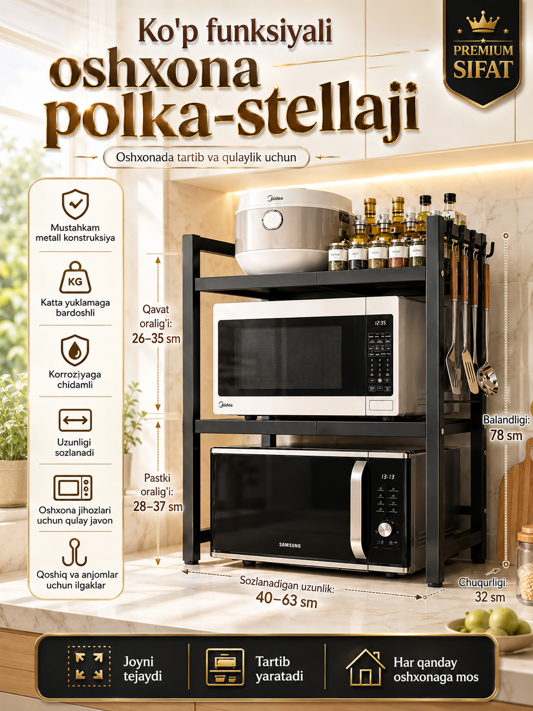 Mikroto‘lqinli pech uchun kengaytiriladigan oshxona javoni, 40–64 x 36 x 78 sm - 