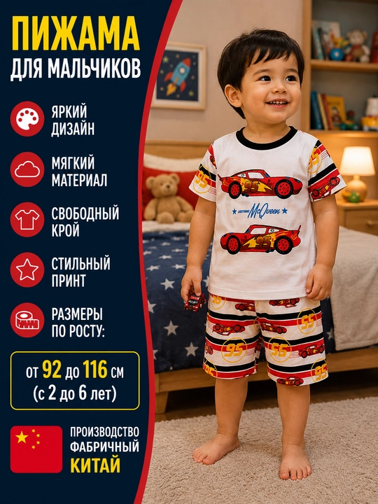 O‘g‘il bolalar uchun 100% paxtadan tikilgan, qahramonlari tasvirlangan yozgi pijama
