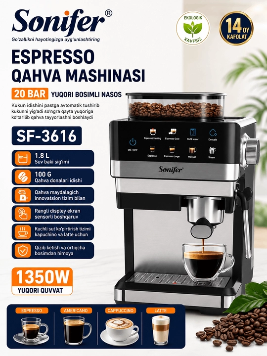 Sonifer SF 3616 Espresso qahva mashinasi 1350 Vt 20 Bar - 