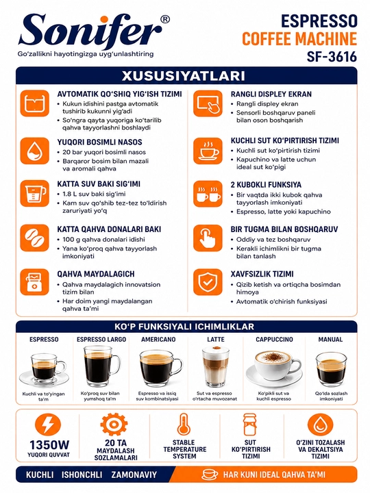 Sonifer SF 3616 Espresso qahva mashinasi 1350 Vt 20 Bar