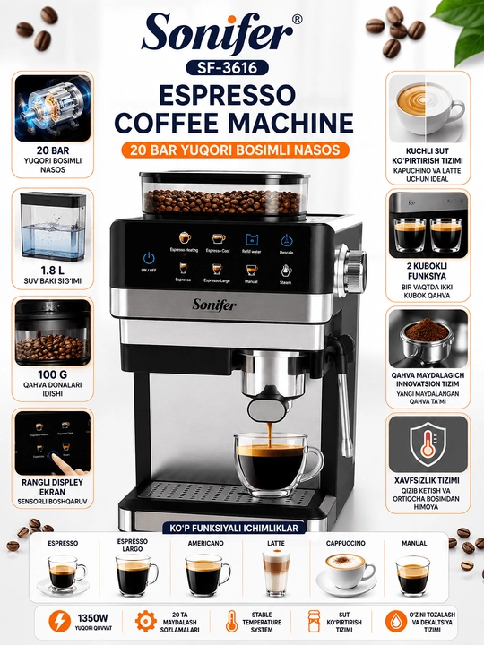 Sonifer SF 3616 Espresso qahva mashinasi 1350 Vt 20 Bar