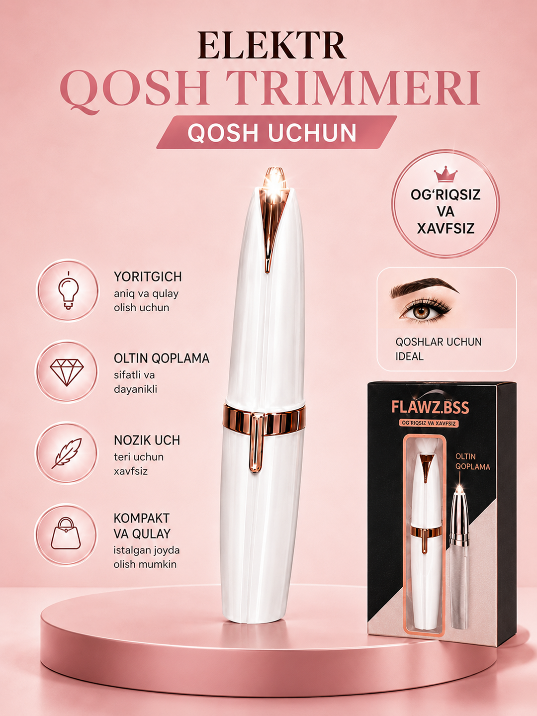 Elektr qosh trimmeri, qosh va yuz tuklari uchun, yorug‘likli ixcham depilyator
